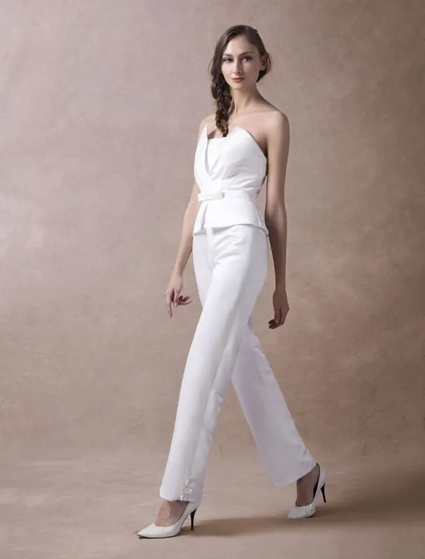 Ivory Wedding Jumpsuits Strapless Satin Bow Sash Long Bridal Jumpsuits