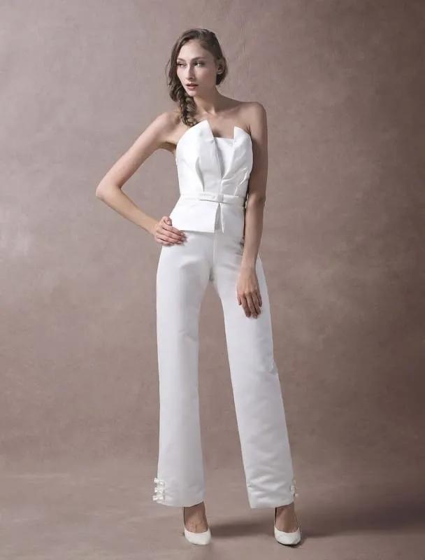 Ivory Wedding Jumpsuits Strapless Satin Bow Sash Long Bridal Jumpsuits