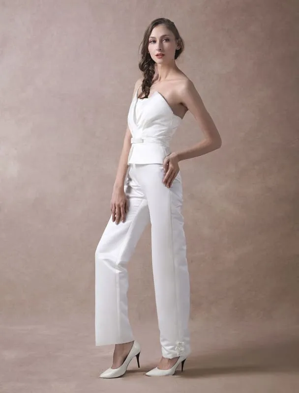 Ivory Wedding Jumpsuits Strapless Satin Bow Sash Long Bridal Jumpsuits