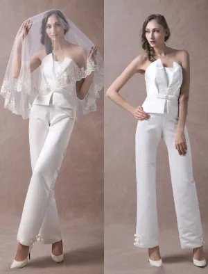 Ivory Wedding Jumpsuits Strapless Satin Bow Sash Long Bridal Jumpsuits