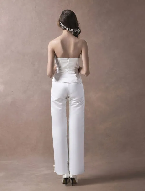 Ivory Wedding Jumpsuits Strapless Satin Bow Sash Long Bridal Jumpsuits