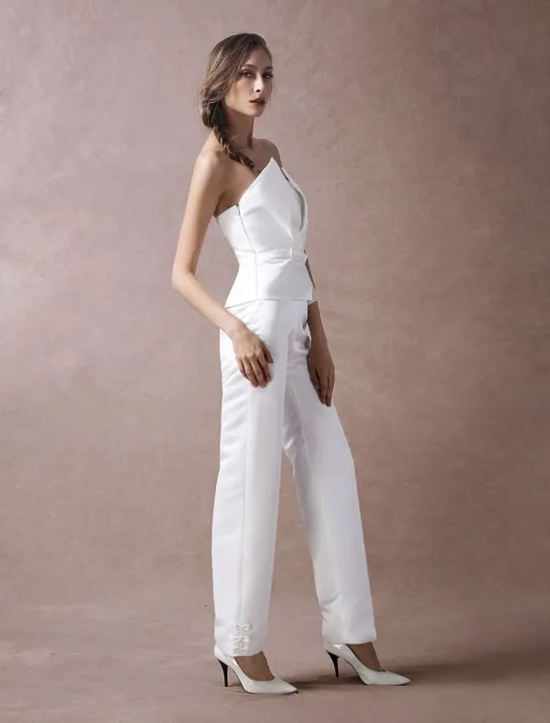 Ivory Wedding Jumpsuits Strapless Satin Bow Sash Long Bridal Jumpsuits