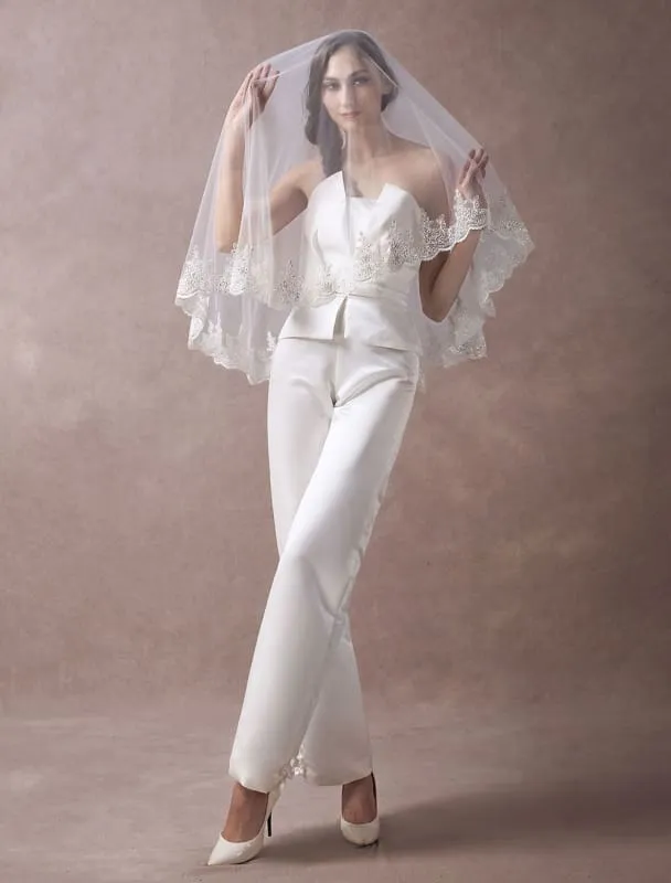 Ivory Wedding Jumpsuits Strapless Satin Bow Sash Long Bridal Jumpsuits