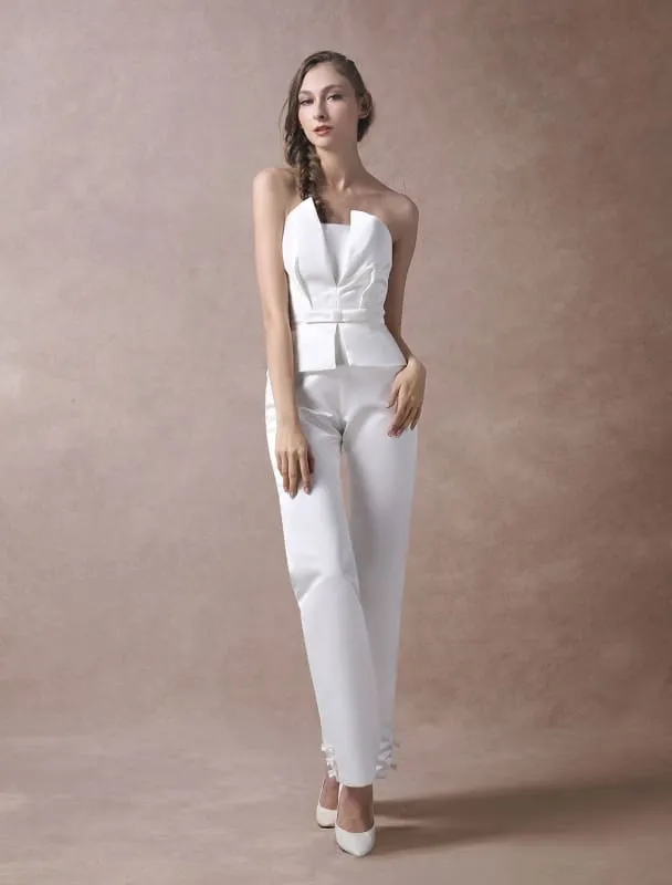 Ivory Wedding Jumpsuits Strapless Satin Bow Sash Long Bridal Jumpsuits