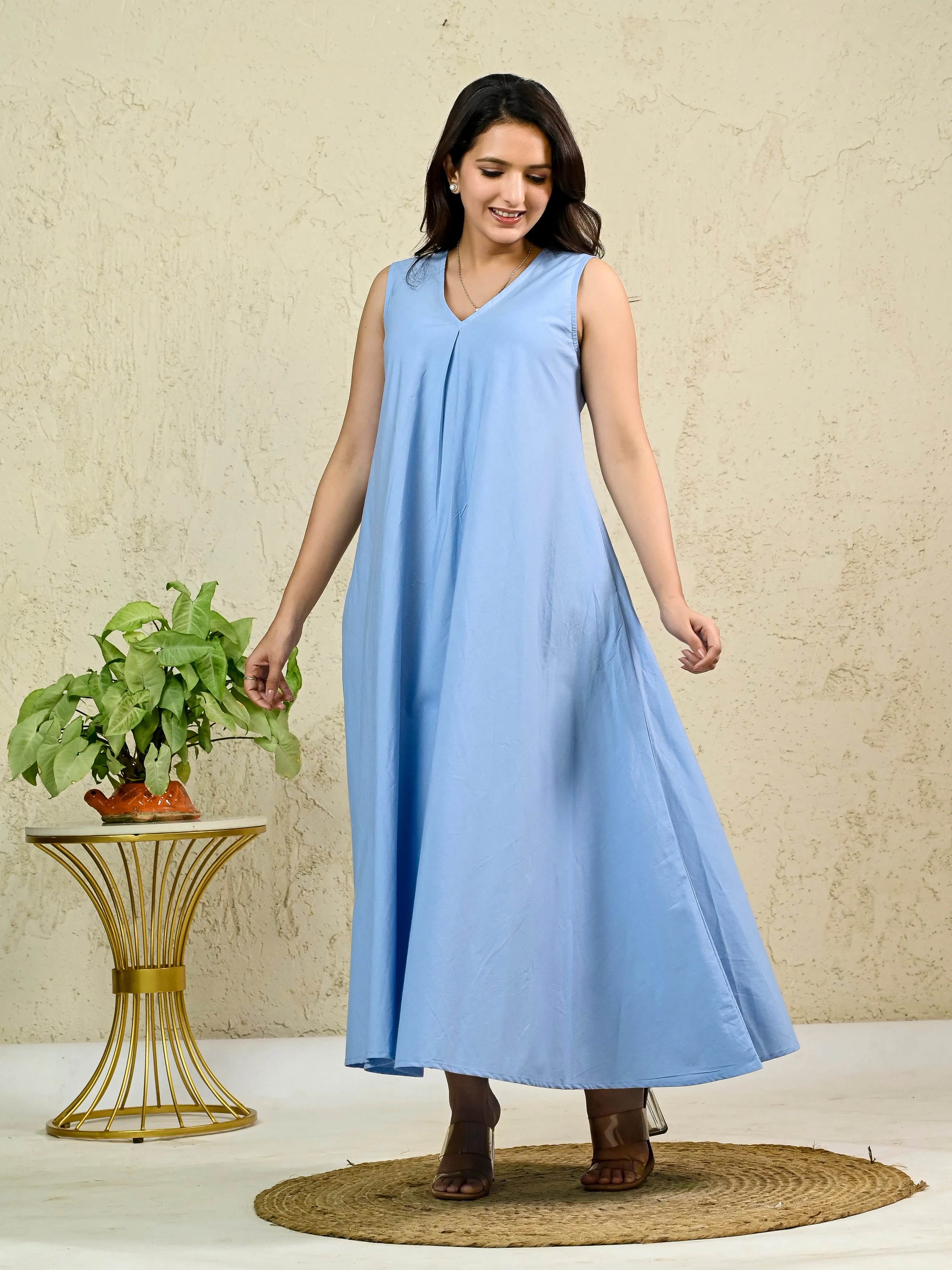 Light Blue Cotton Poplin Box Pleat Long Dress