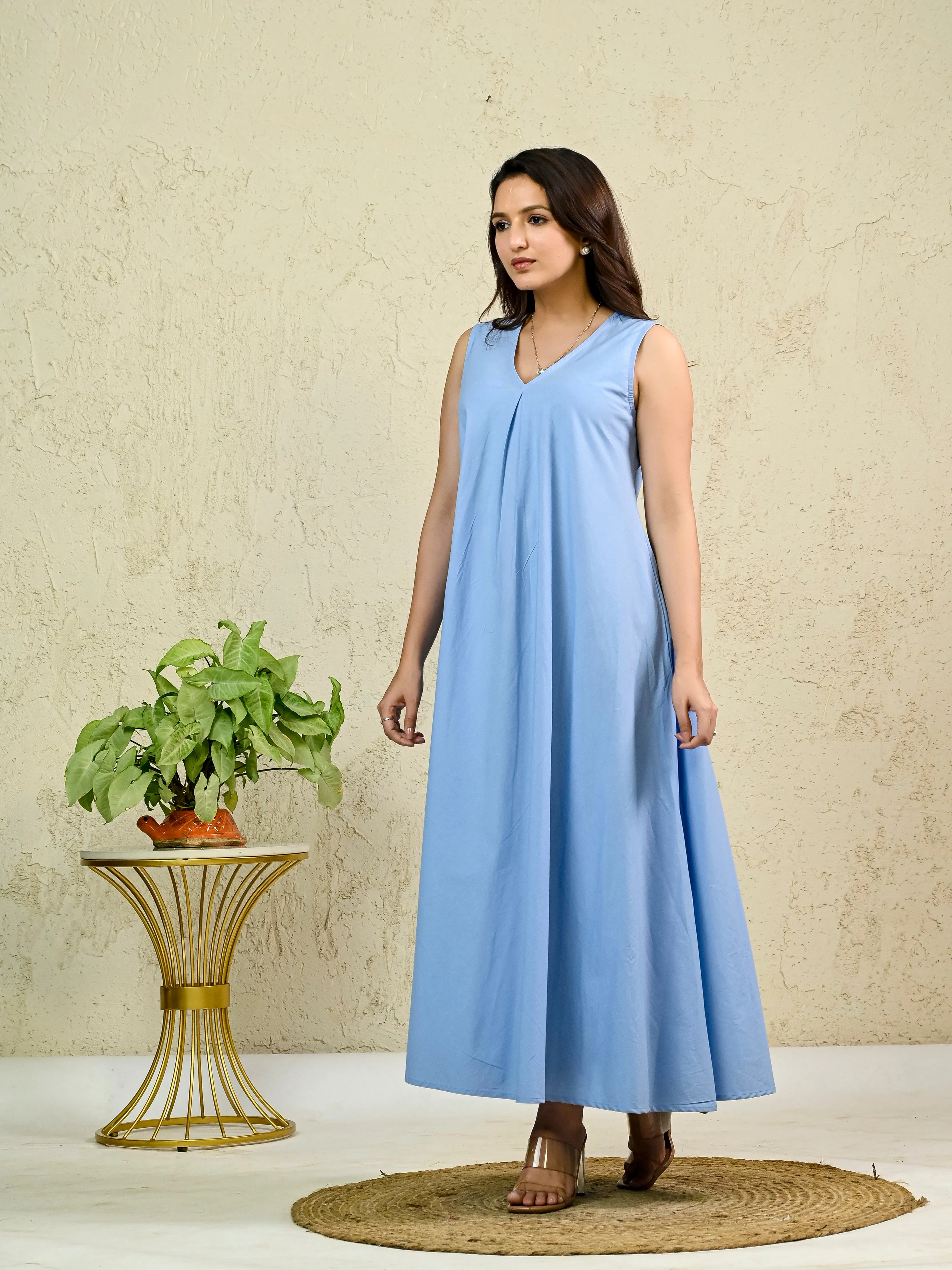 Light Blue Cotton Poplin Box Pleat Long Dress