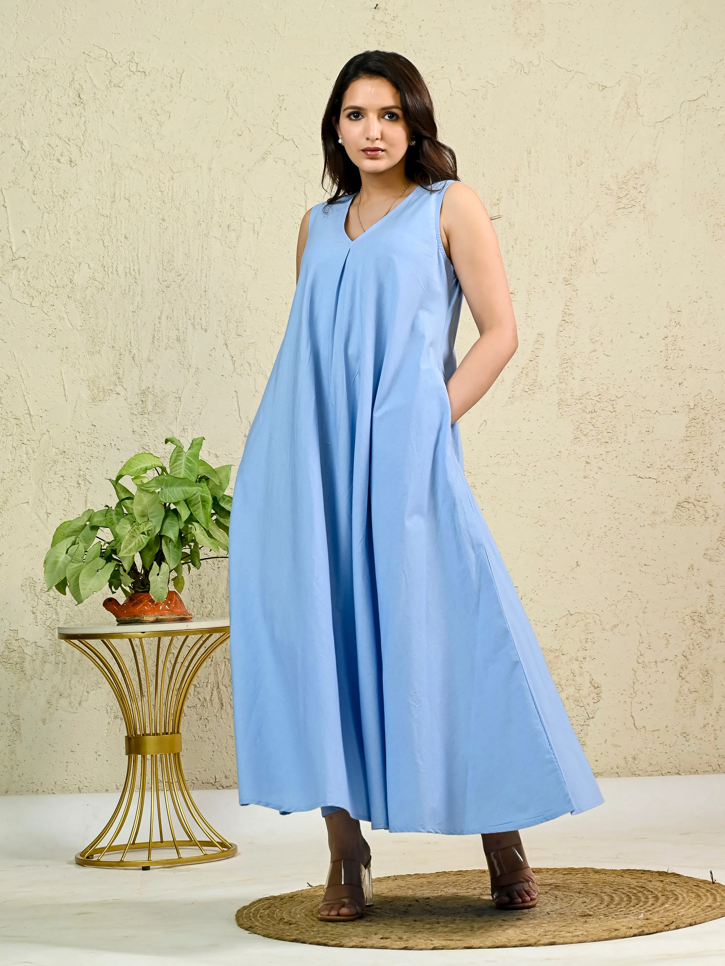 Light Blue Cotton Poplin Box Pleat Long Dress
