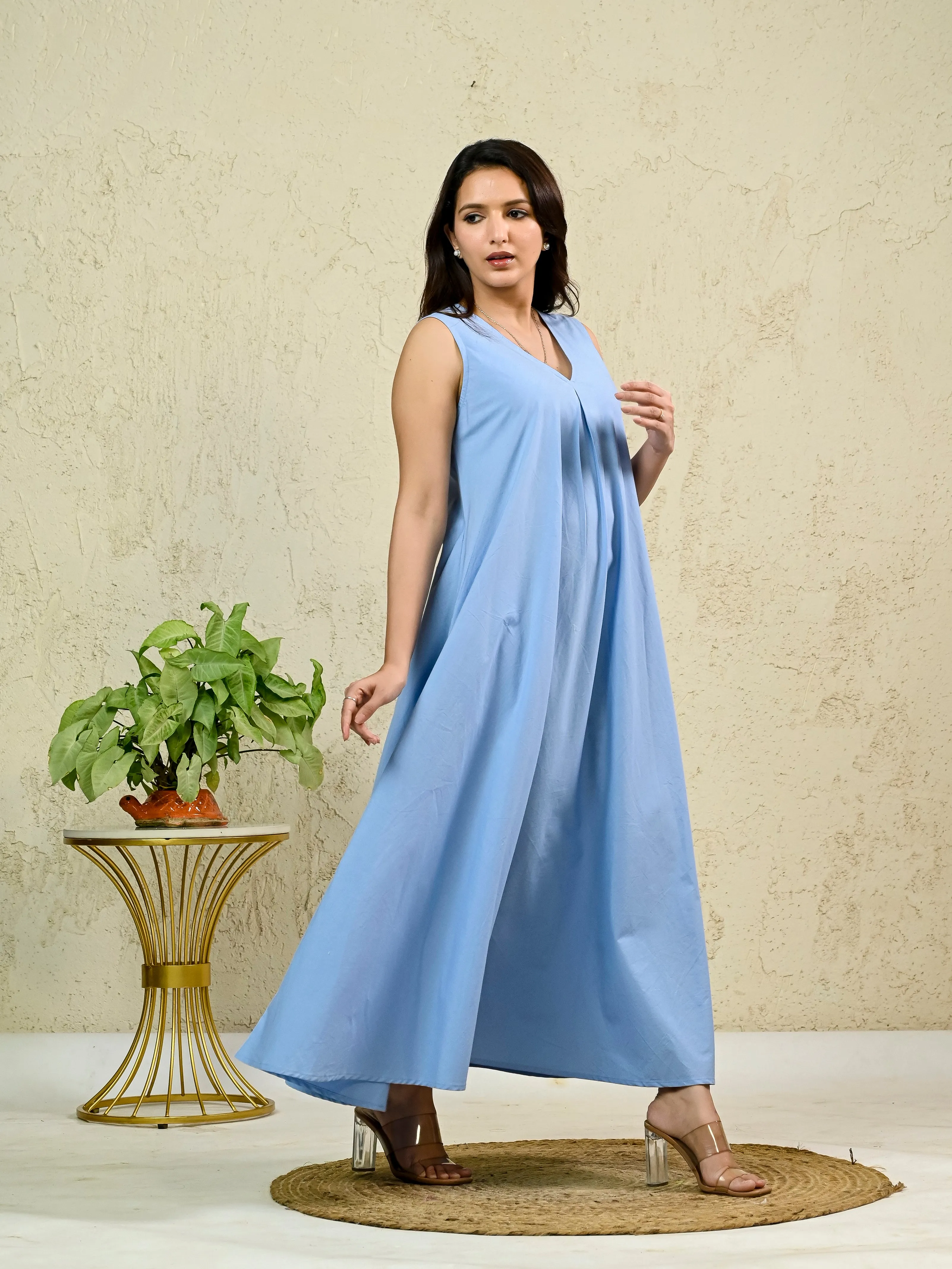 Light Blue Cotton Poplin Box Pleat Long Dress