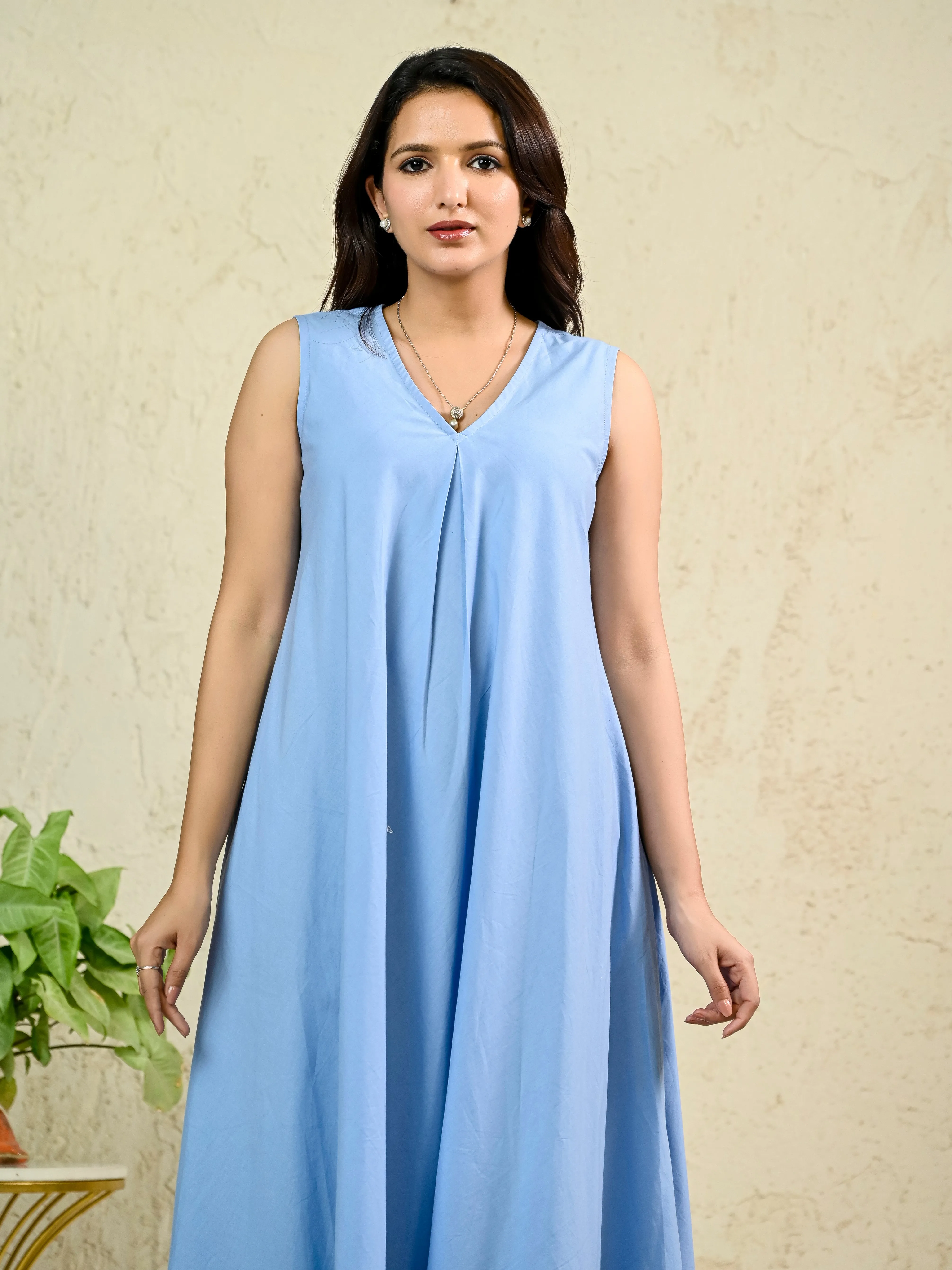 Light Blue Cotton Poplin Box Pleat Long Dress