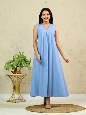 Light Blue Cotton Poplin Box Pleat Long Dress