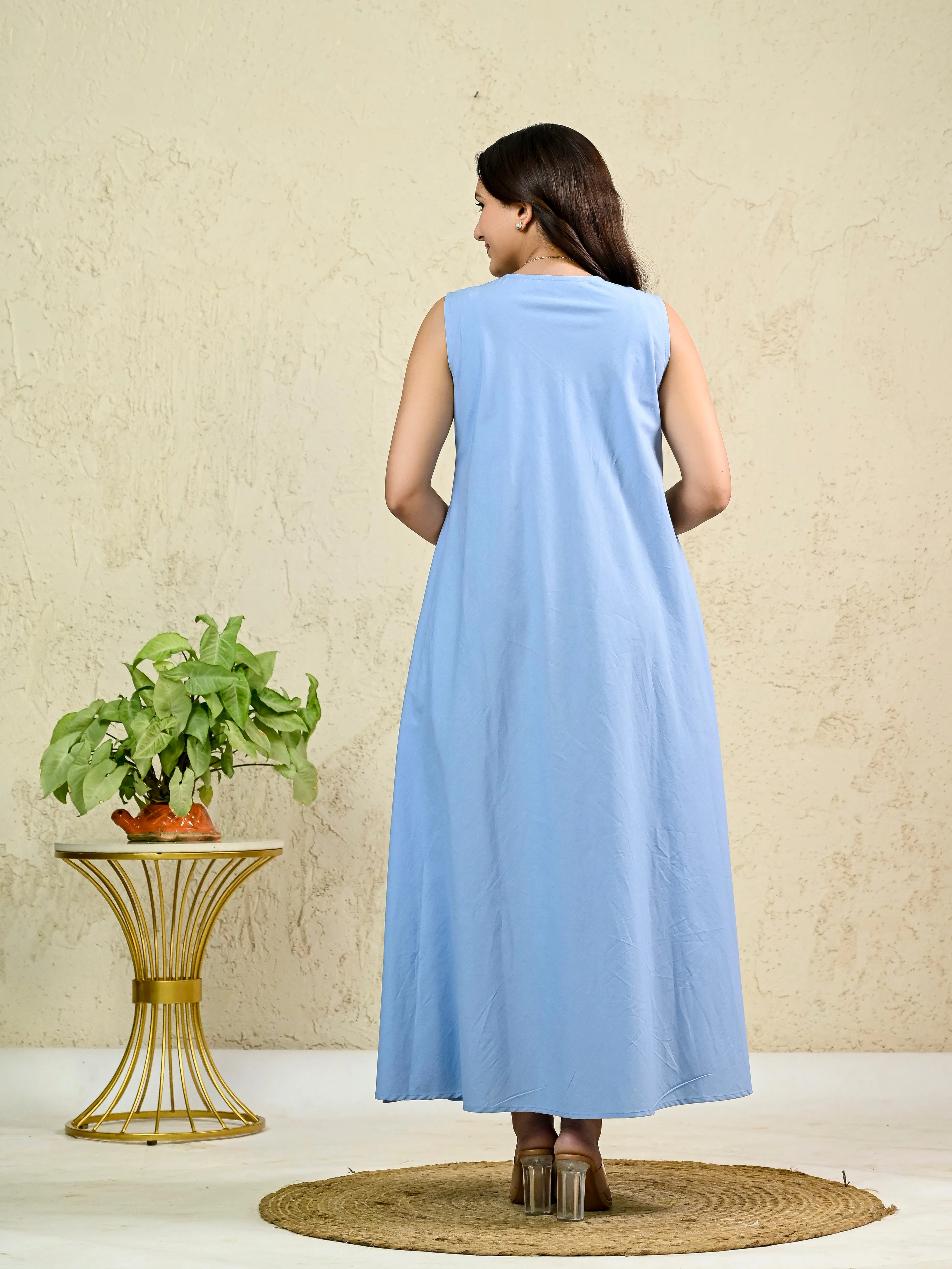 Light Blue Cotton Poplin Box Pleat Long Dress
