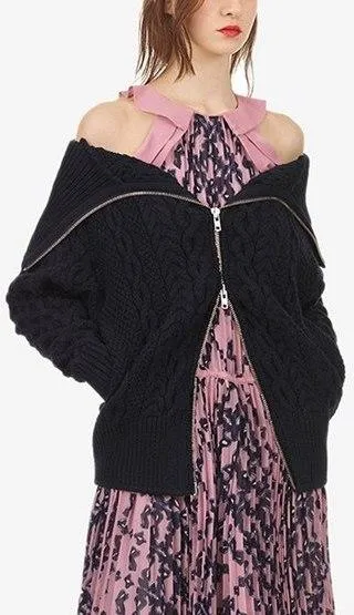 Long Cable Knit Cardigan - Light Blue, Black or Red