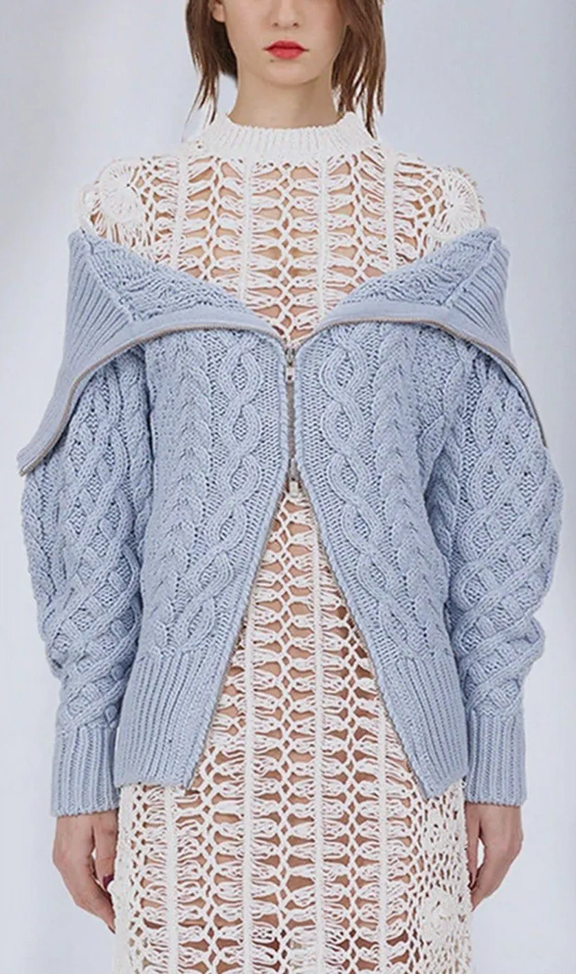 Long Cable Knit Cardigan - Light Blue, Black or Red