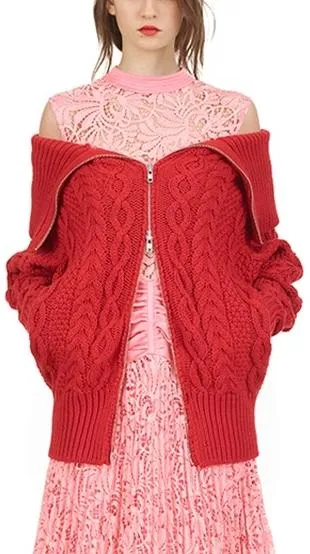 Long Cable Knit Cardigan - Light Blue, Black or Red