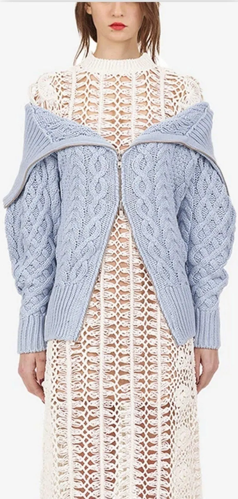 Long Cable Knit Cardigan - Light Blue, Black or Red