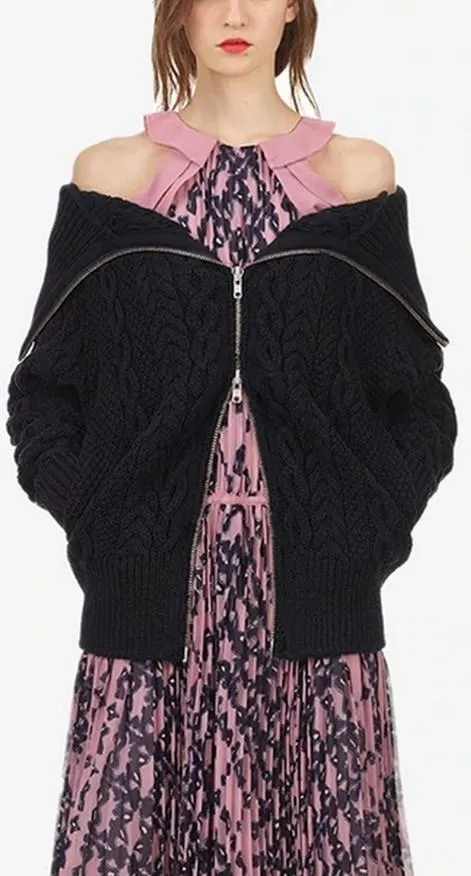 Long Cable Knit Cardigan - Light Blue, Black or Red