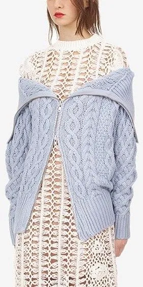 Long Cable Knit Cardigan - Light Blue, Black or Red