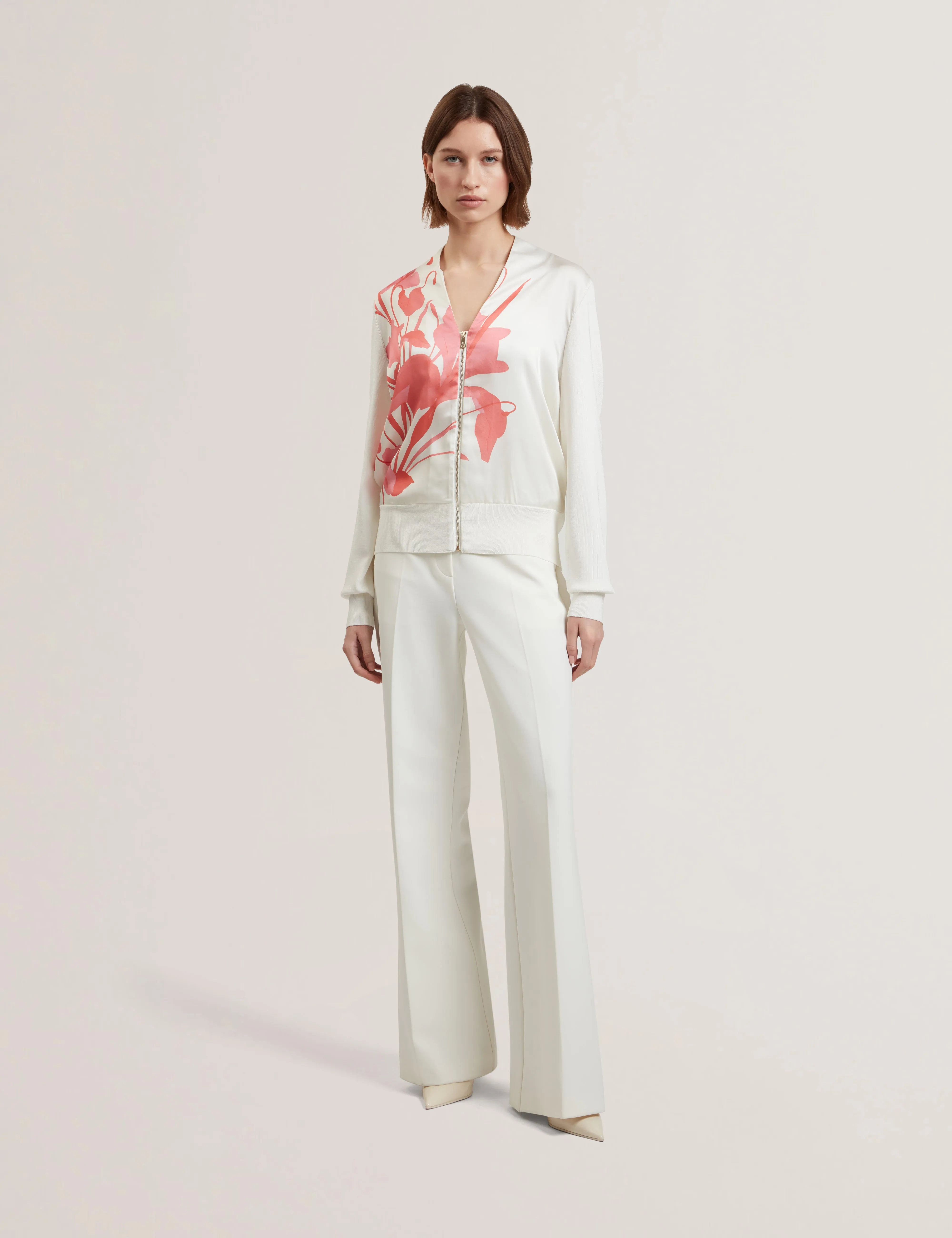 Matiina Printed Woven Front Zipped Cardigan Ivory
