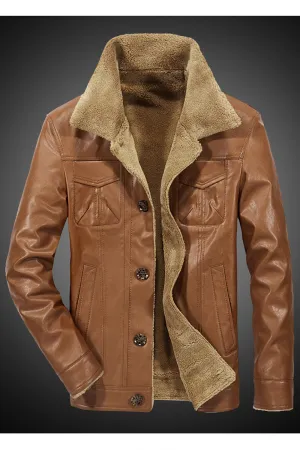 Men Comfortable Button Closure Thick Long Sleeve Warm Collar Neck Pockets Styled Winter Casual PU Leather Jacket - MJC15327
