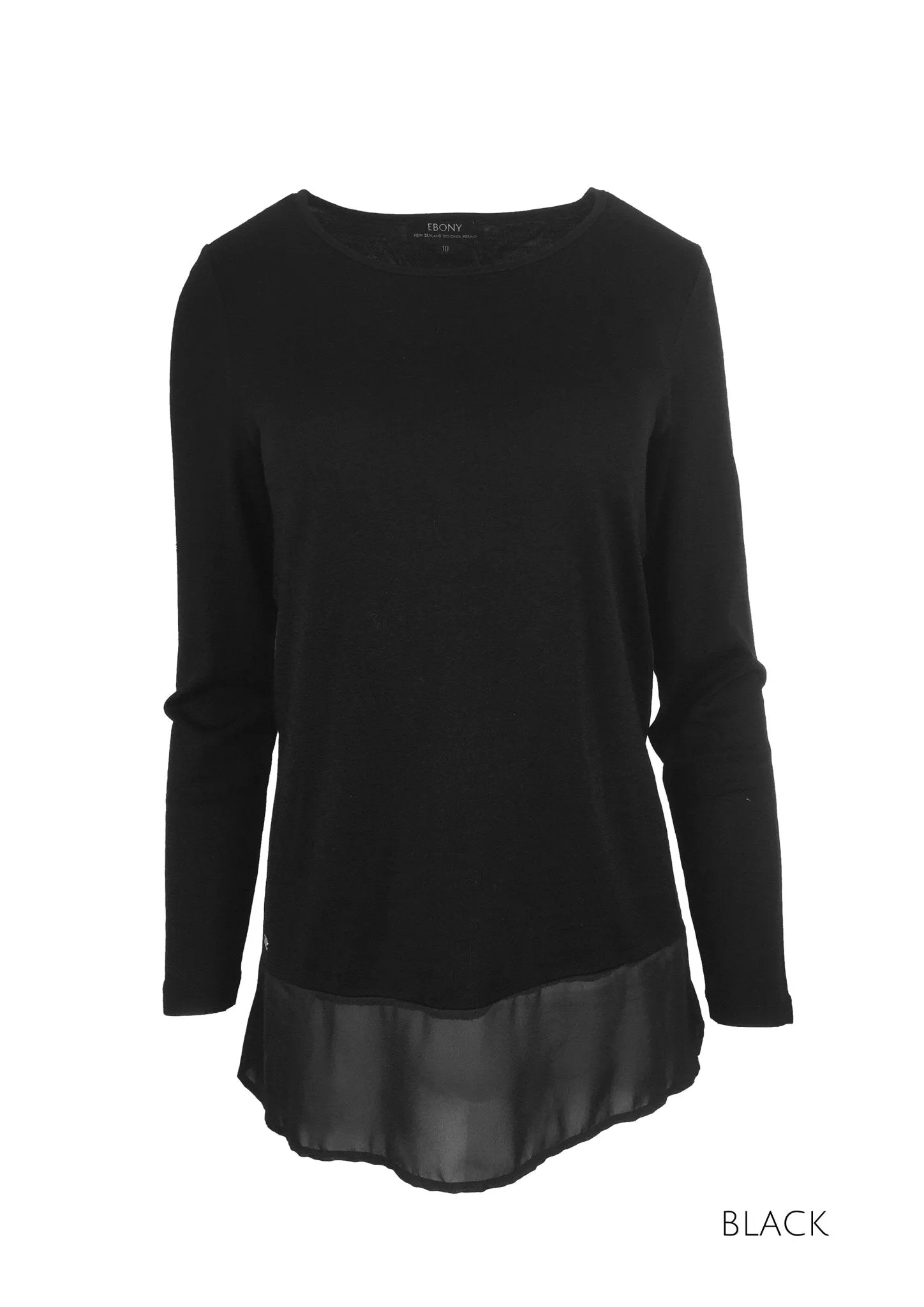 MERINO CHIFFON HEM TOP LONG SLEEVES SCOOP NECK BLACK