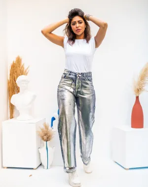 Metallic Blue Denim Jeans with Silver Shimmer - Women's Fashion Pants - Made in Egypt