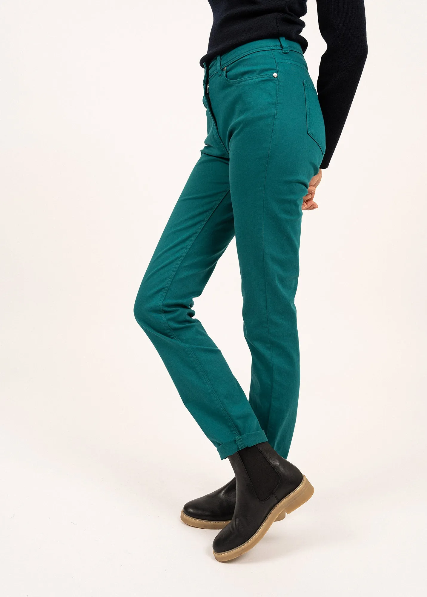 Mimosa high waist pants - slim fit, in stretch cotton (EMERAUDE)