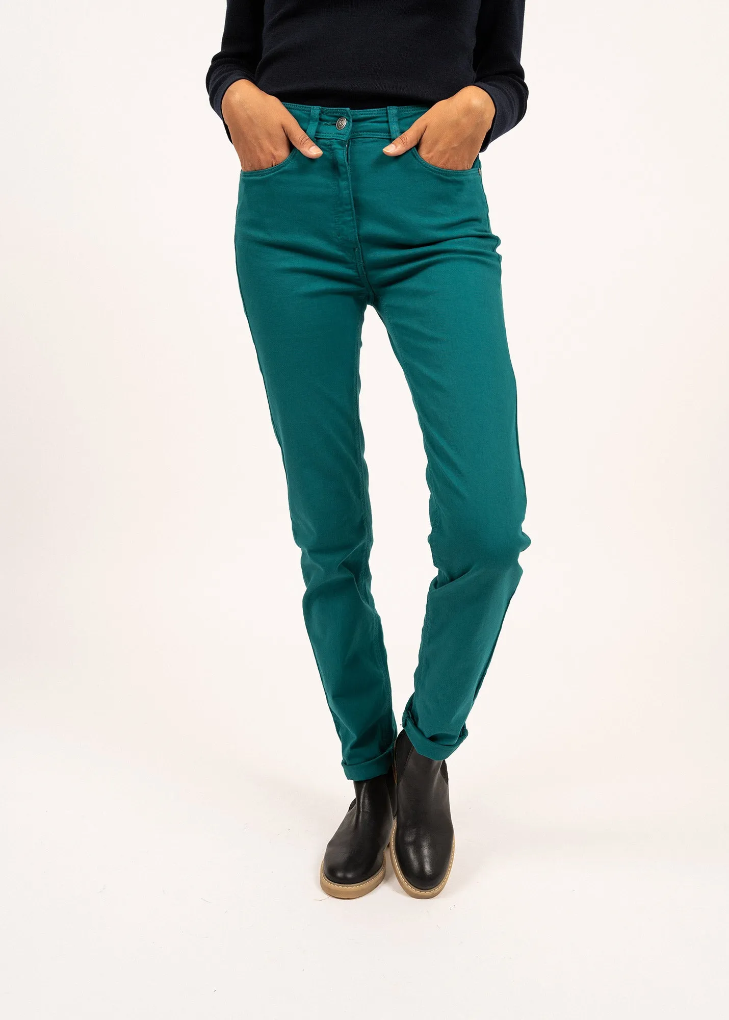 Mimosa high waist pants - slim fit, in stretch cotton (EMERAUDE)