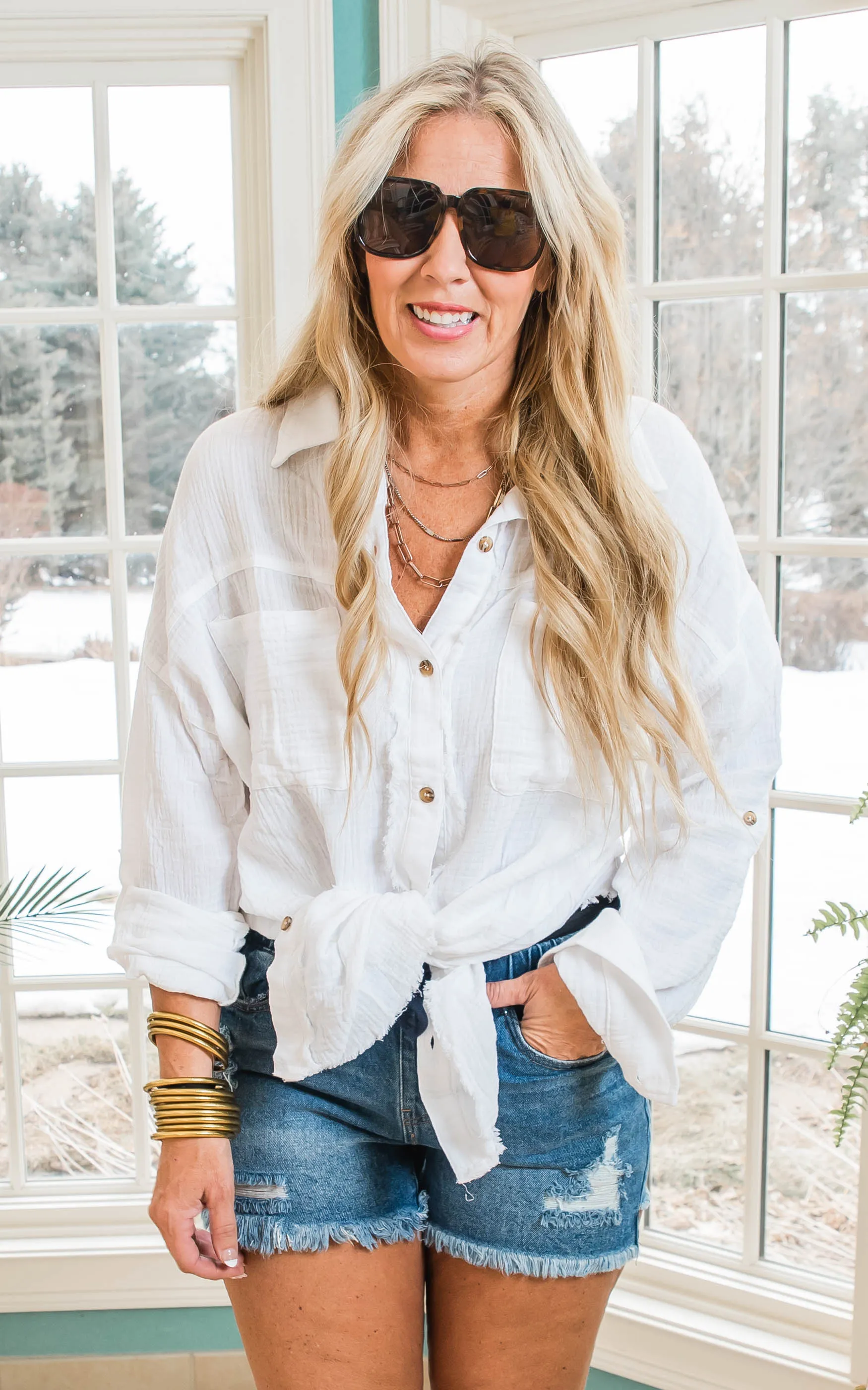 Mineral Wash Gauze Cotton Button Up Top - Final Sale