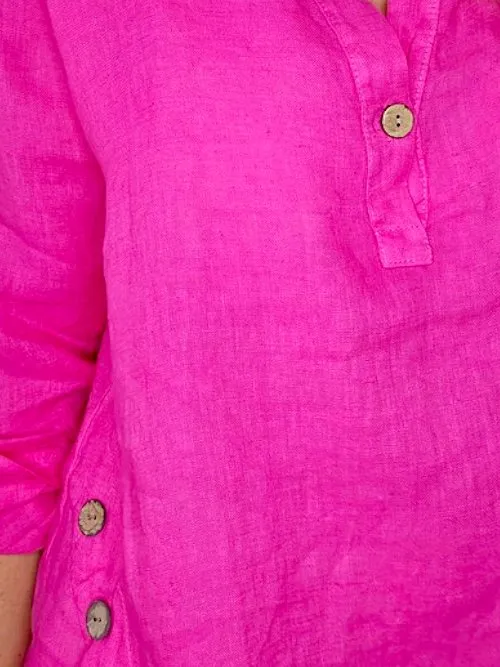 MULTI BUTTON LONG SLEEVE LINEN TOP HOT PINK