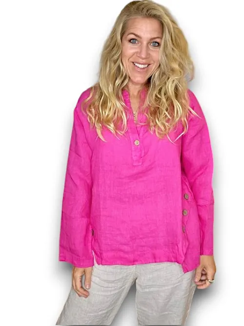 MULTI BUTTON LONG SLEEVE LINEN TOP HOT PINK