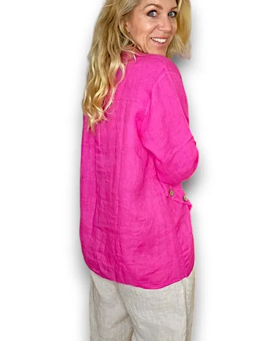 MULTI BUTTON LONG SLEEVE LINEN TOP HOT PINK