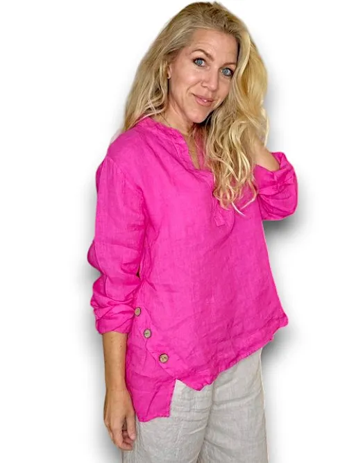 MULTI BUTTON LONG SLEEVE LINEN TOP HOT PINK