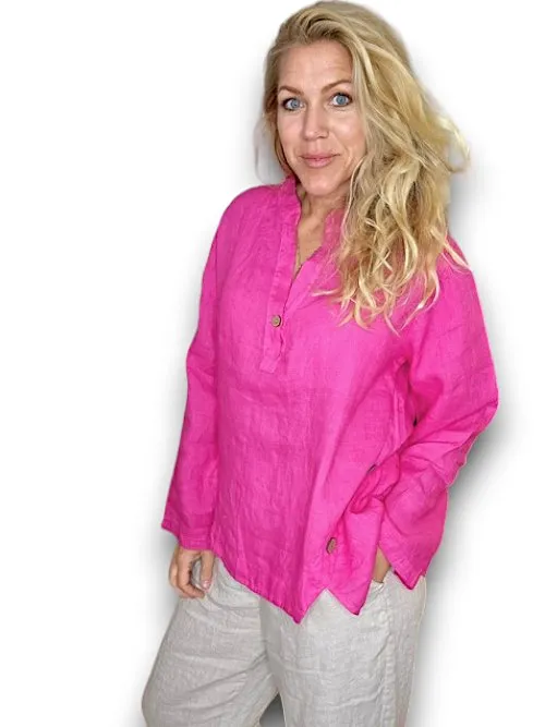 MULTI BUTTON LONG SLEEVE LINEN TOP HOT PINK