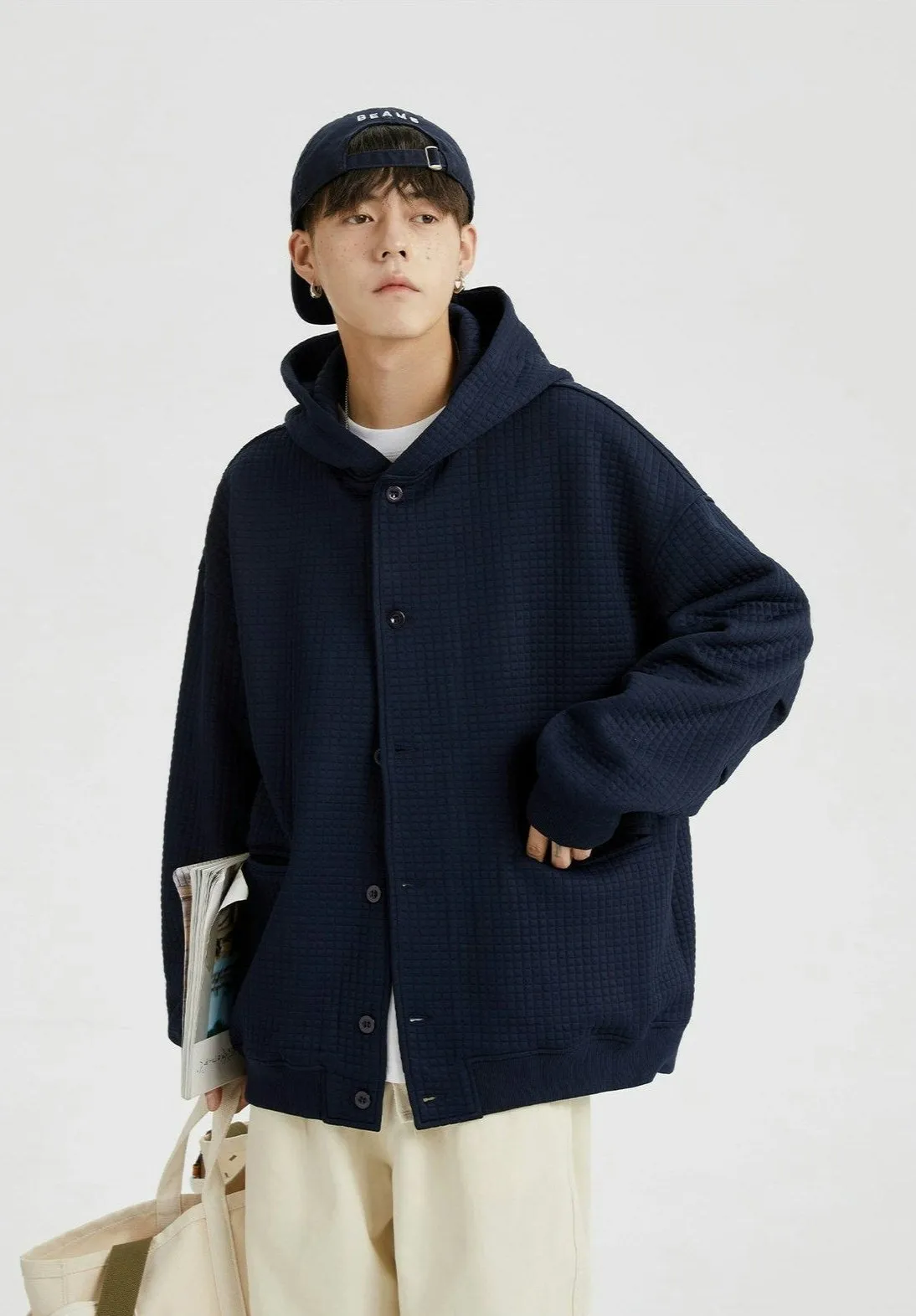 Oversized Waffle Texture Hooded Jacket with Snap Buttons