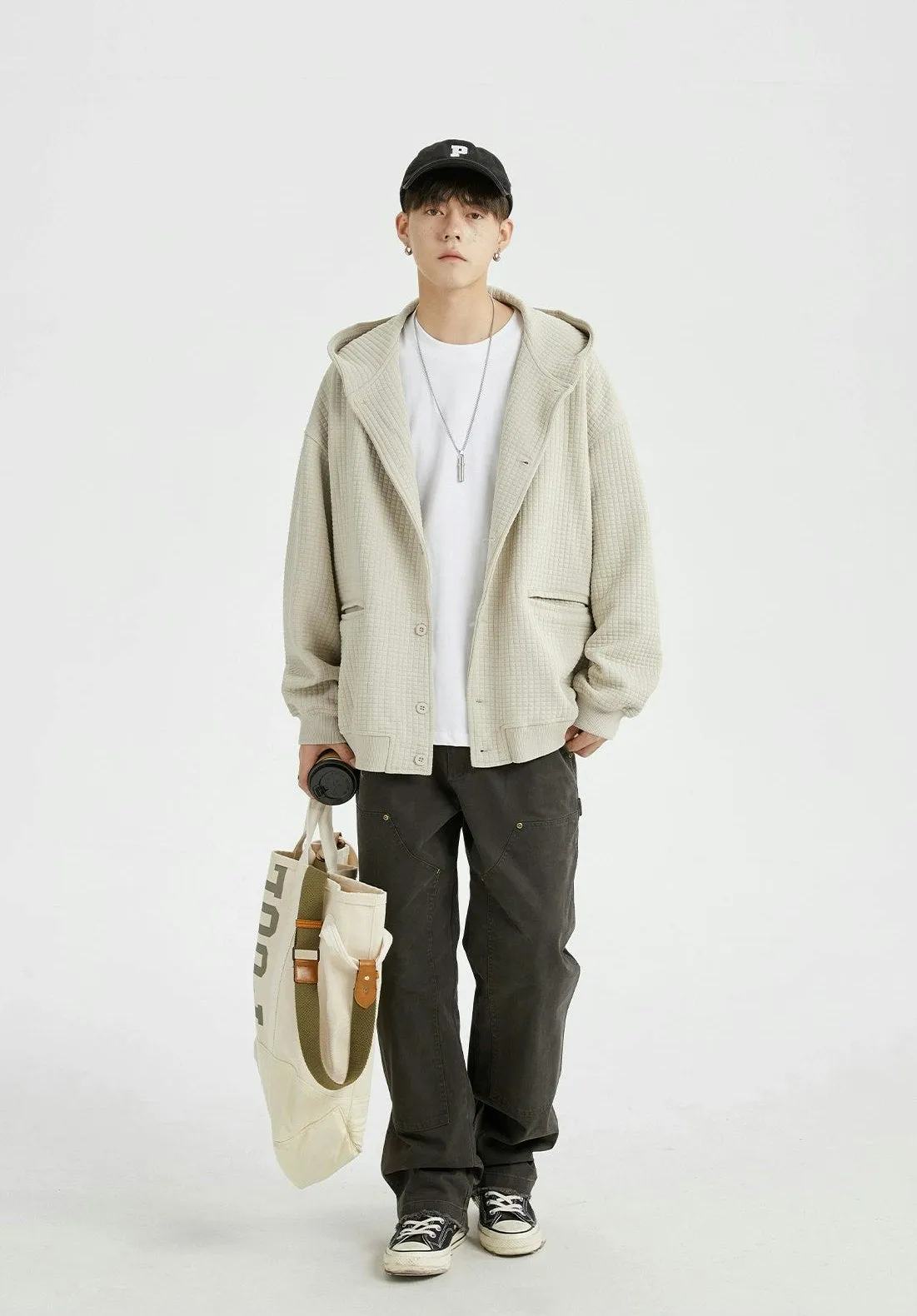 Oversized Waffle Texture Hooded Jacket with Snap Buttons