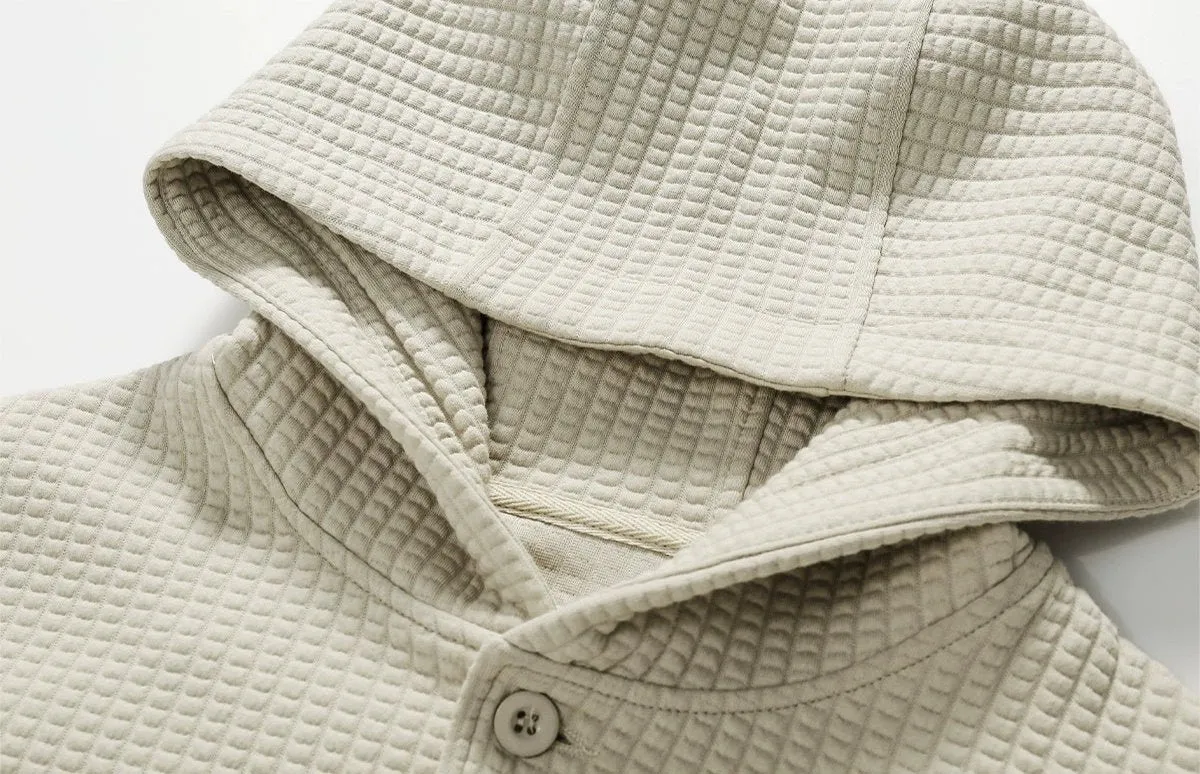 Oversized Waffle Texture Hooded Jacket with Snap Buttons