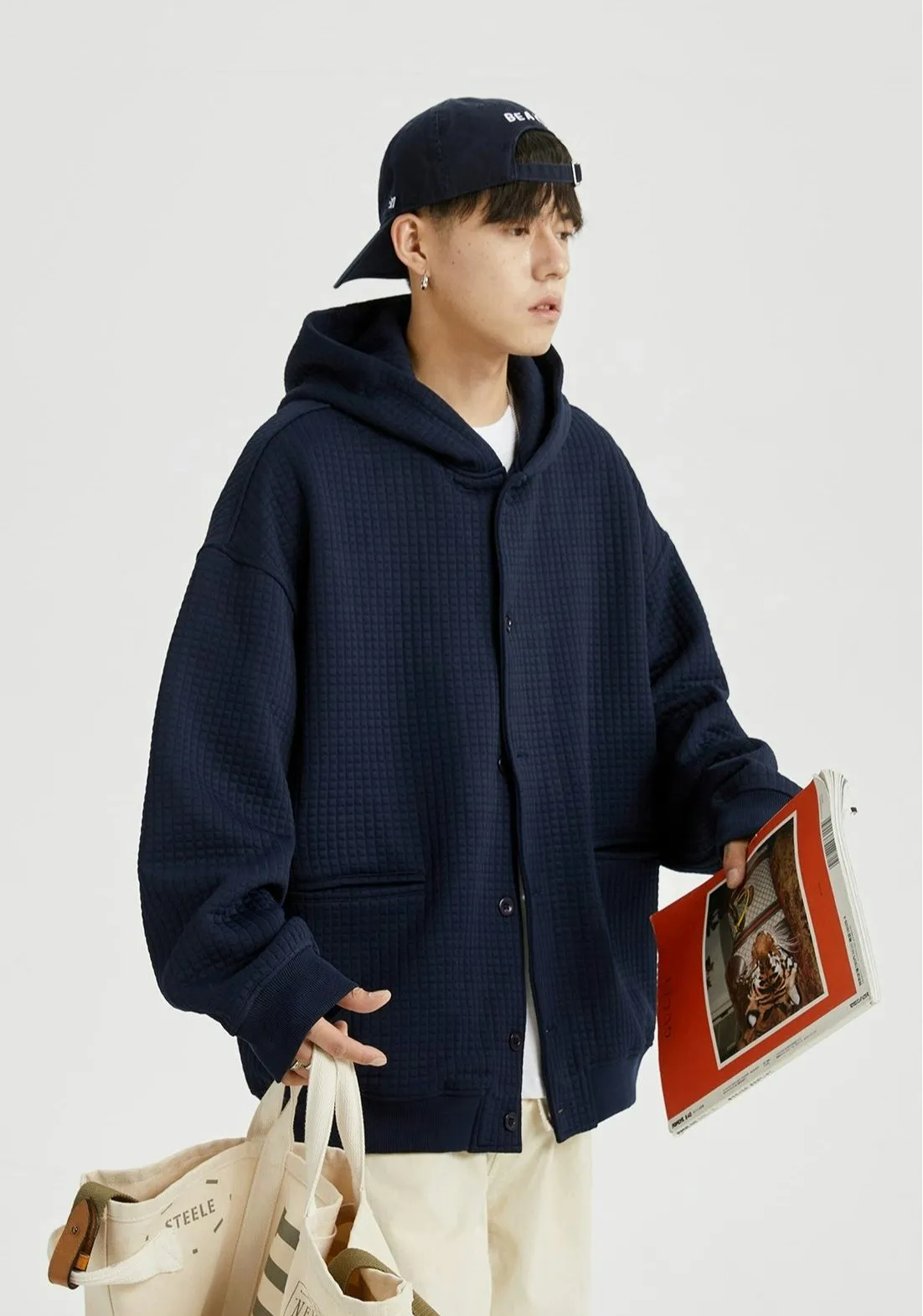 Oversized Waffle Texture Hooded Jacket with Snap Buttons
