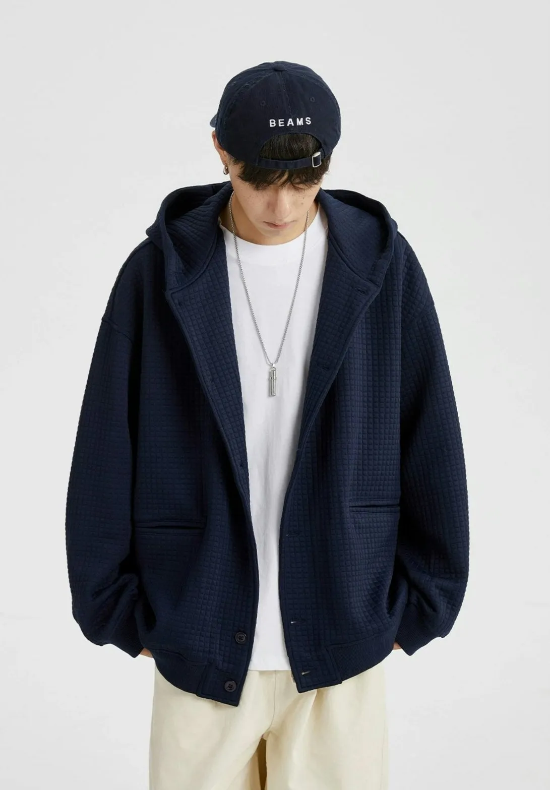 Oversized Waffle Texture Hooded Jacket with Snap Buttons
