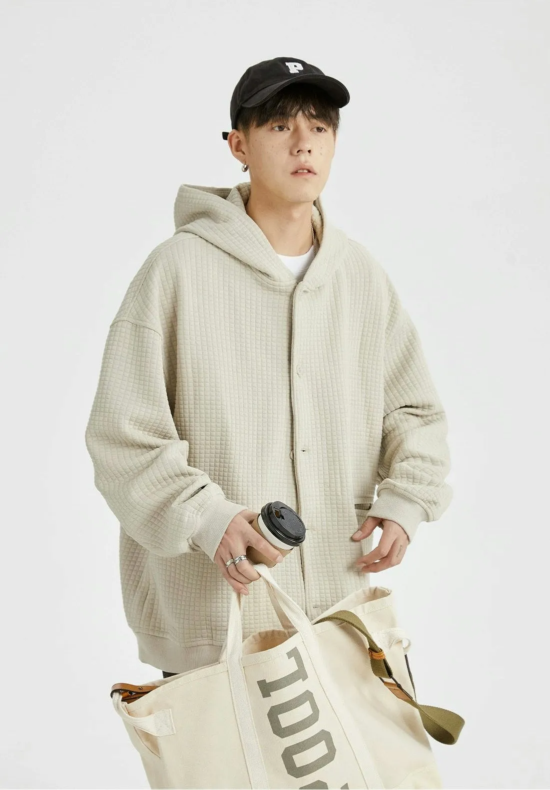Oversized Waffle Texture Hooded Jacket with Snap Buttons