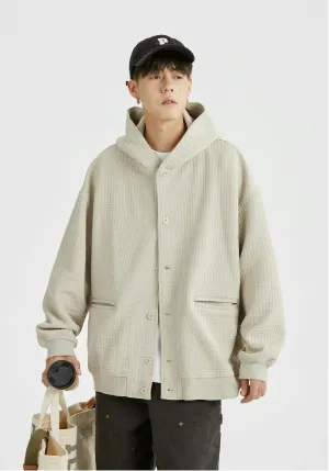 Oversized Waffle Texture Hooded Jacket with Snap Buttons