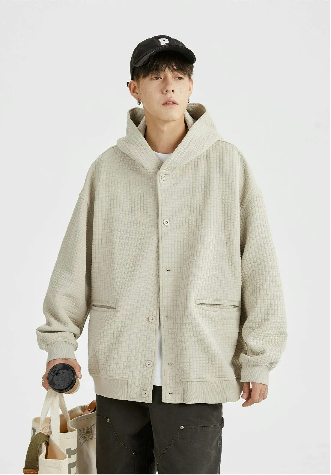 Oversized Waffle Texture Hooded Jacket with Snap Buttons