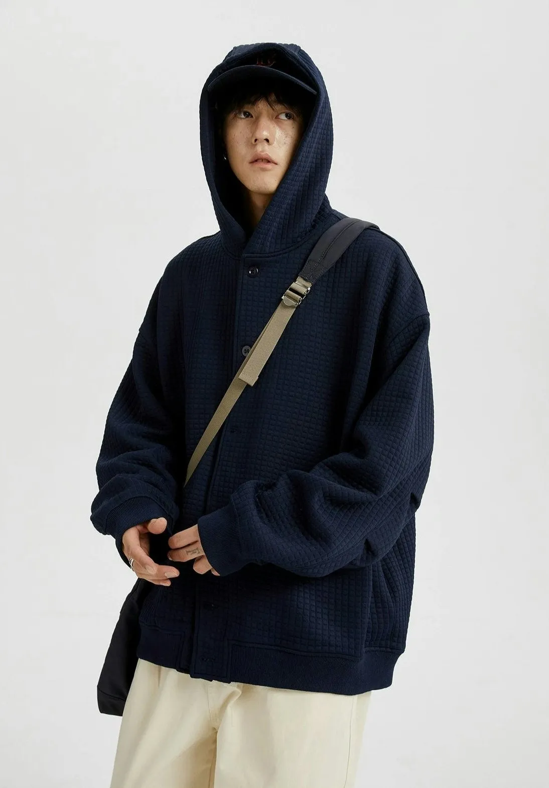 Oversized Waffle Texture Hooded Jacket with Snap Buttons