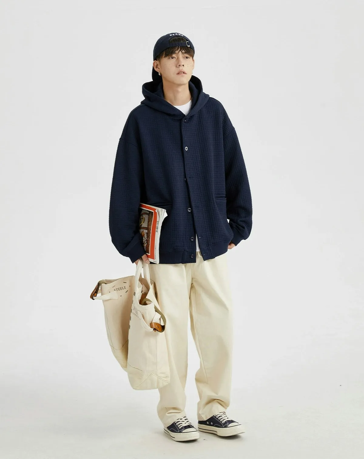 Oversized Waffle Texture Hooded Jacket with Snap Buttons