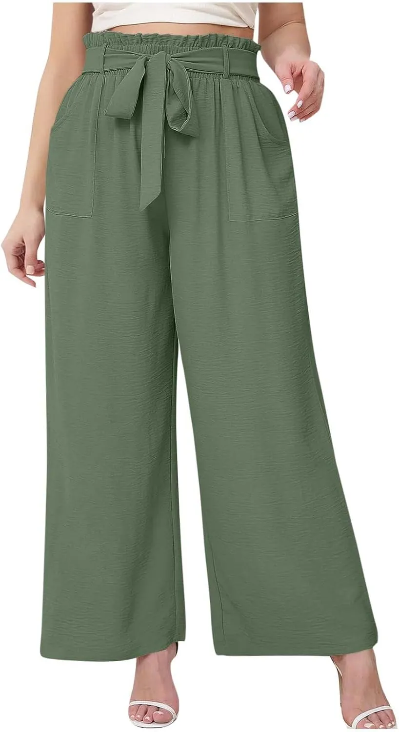 Palazzo Pants for Women Business Casual Pants Adjustable Waist High Rise Wide Leg Trousers Summer Travel Outfits