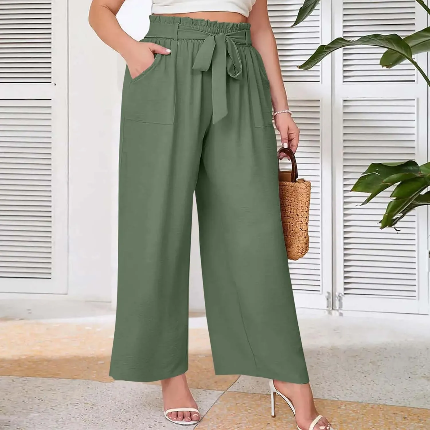 Palazzo Pants for Women Business Casual Pants Adjustable Waist High Rise Wide Leg Trousers Summer Travel Outfits