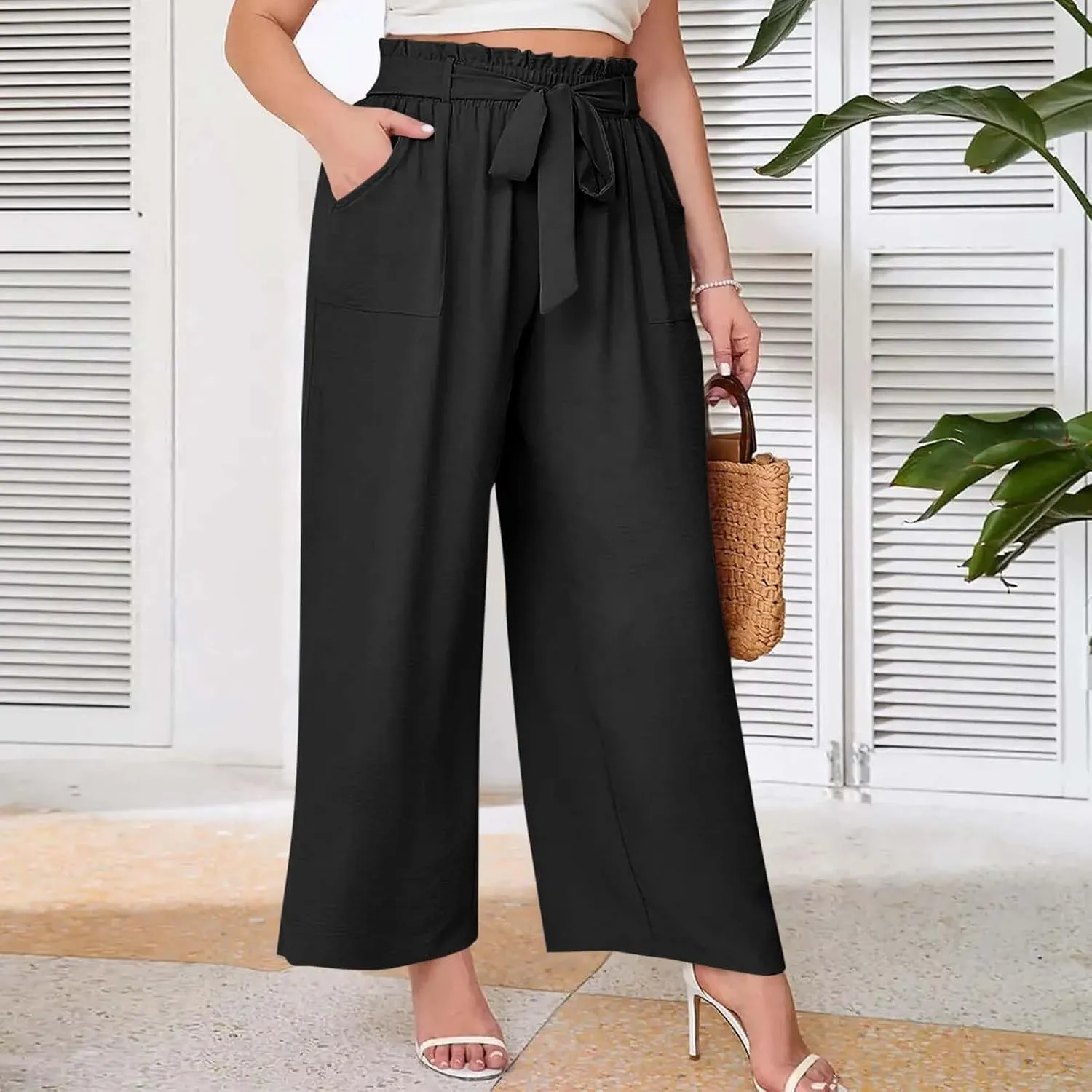 Palazzo Pants for Women Business Casual Pants Adjustable Waist High Rise Wide Leg Trousers Summer Travel Outfits