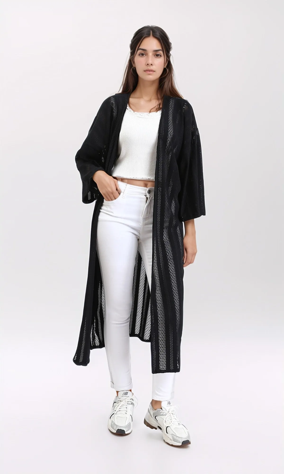 R210313 - Self Pattern Perforated Long Cardigan - Black