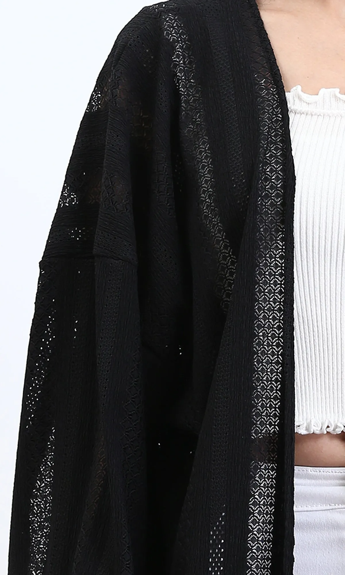 R210313 - Self Pattern Perforated Long Cardigan - Black