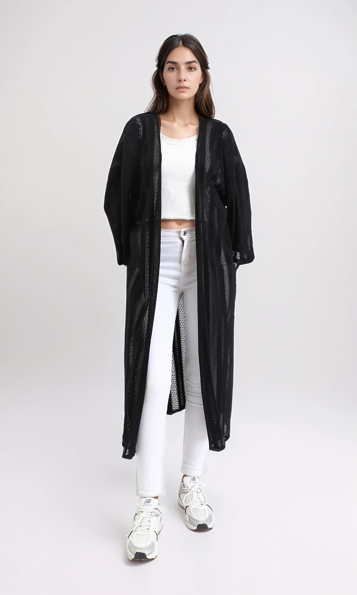 R210313 - Self Pattern Perforated Long Cardigan - Black