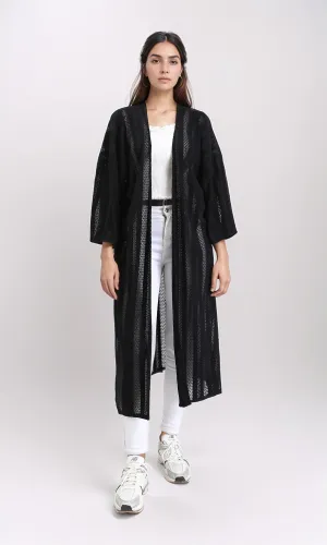 R210313 - Self Pattern Perforated Long Cardigan - Black